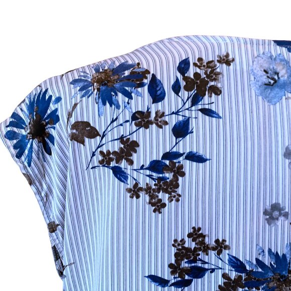 MELISSA NEPTON-  sleeveless faux wrap blouse white - blue pink flowers - large - Picture 5 of 10